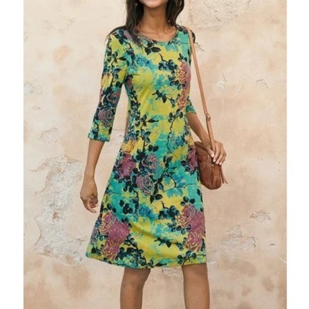 Peruvian Connection Zephirine Yellow Teal Floral 3/4 Sleeve A-Line Dress S